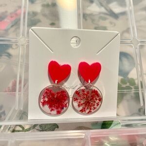 Handmade Red Heart & Floral Resin Earrings